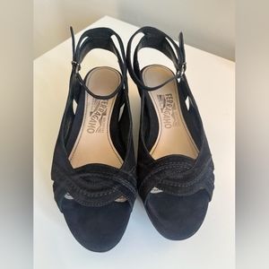 Salvatore Ferragamo Wedge Suede Leather Black Platform Sandals, Size 7 B